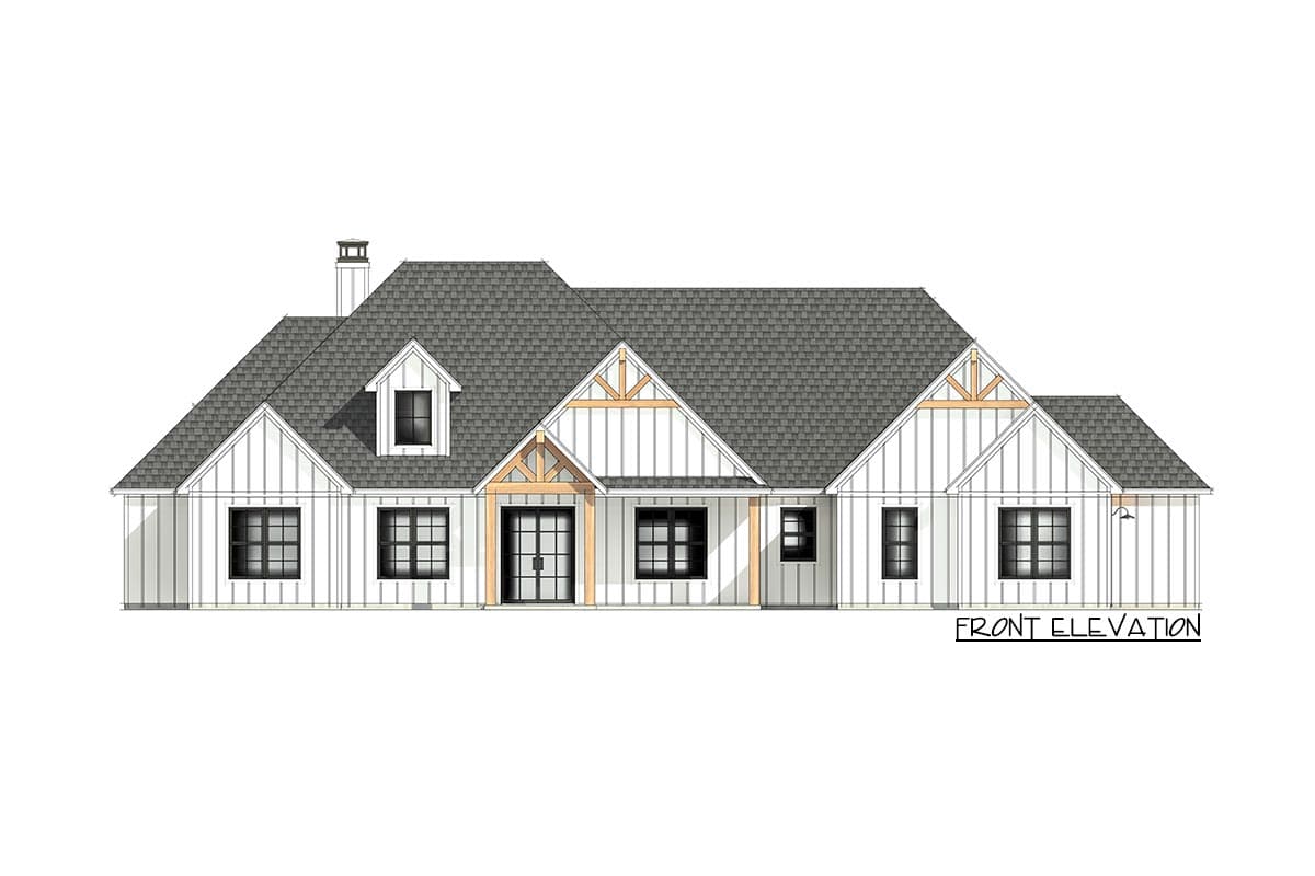 Front elevation of a one-story Modern Farmhouse plan with board-and-batten siding, gable roof, dormer, and wood-accented porch.
