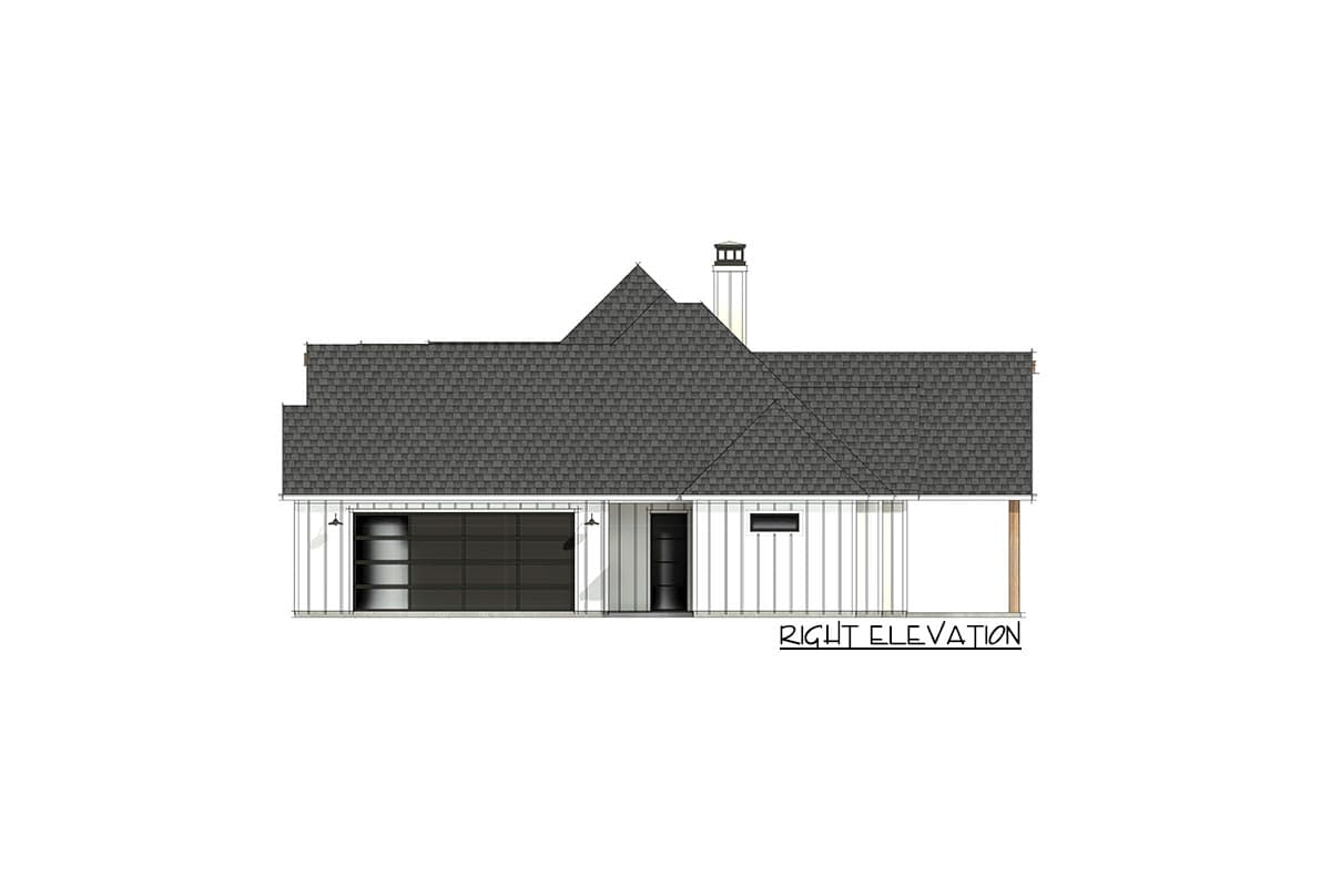 Right elevation house plan with a modern farmhouse style, showing a garage, entry door, and chimney.