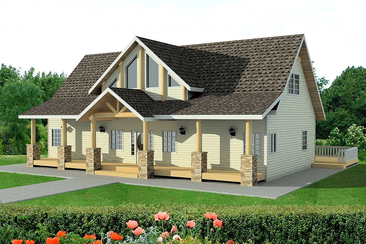 House plan exterior of a two-story home with a wraparound porch supported by stone and wood pillars, prominent gables, and dormer windows.