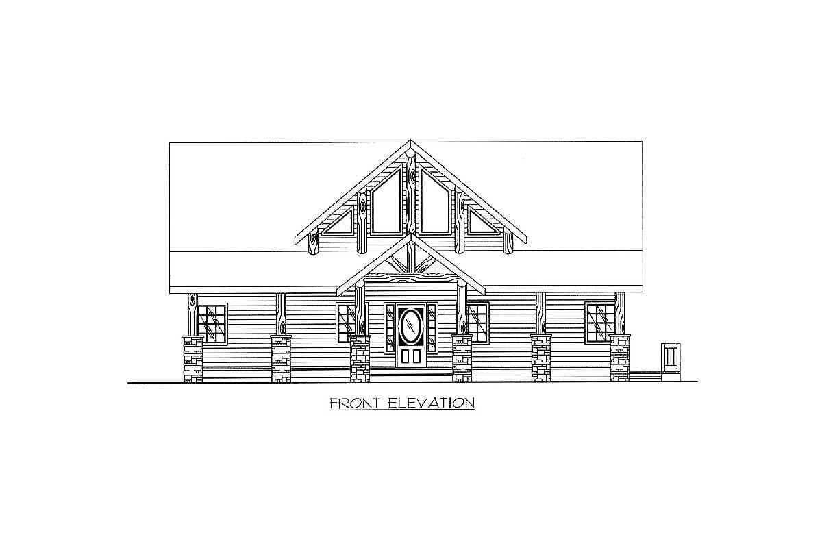 Front elevation drawing of a log home with a gable roof, covered porch, and stone-clad columns.