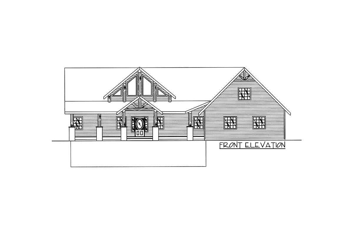 Front elevation house plan with gabled rooflines, prominent dormers, covered porch with exposed beams, and multi-pane windows.