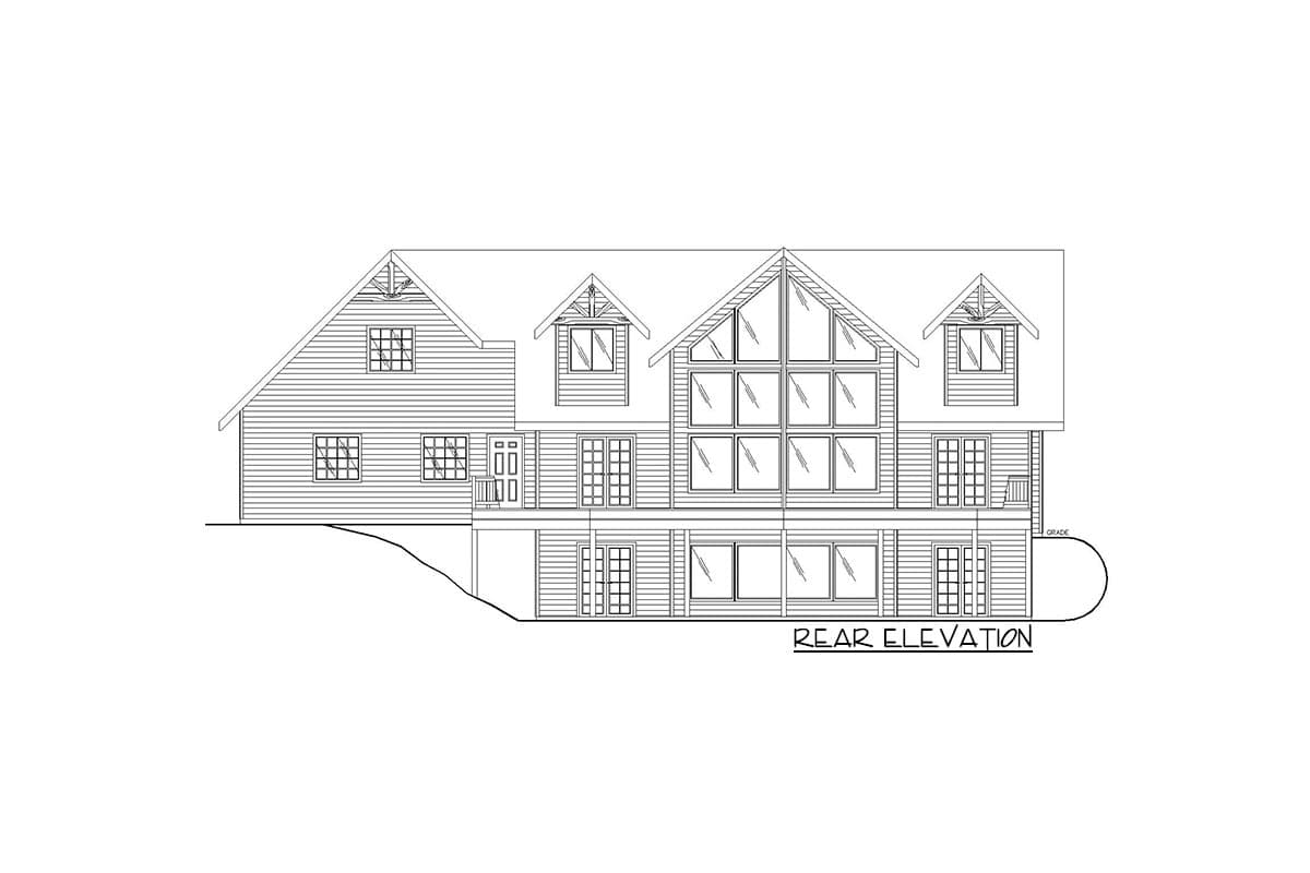 Rear elevation drawing of a multi-story house plan with gables, dormers, and a large window wall.