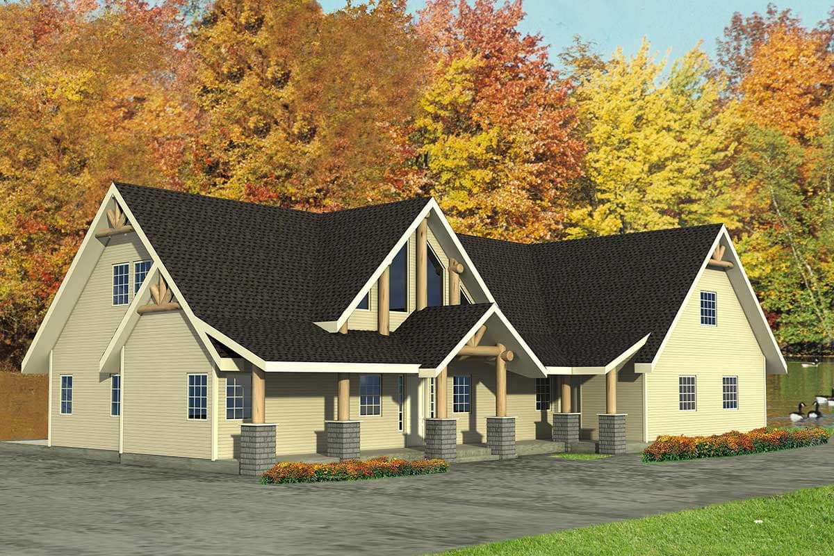 House plan exterior with exposed rafter tails, covered porch with stone pillar supports, and multiple gables.