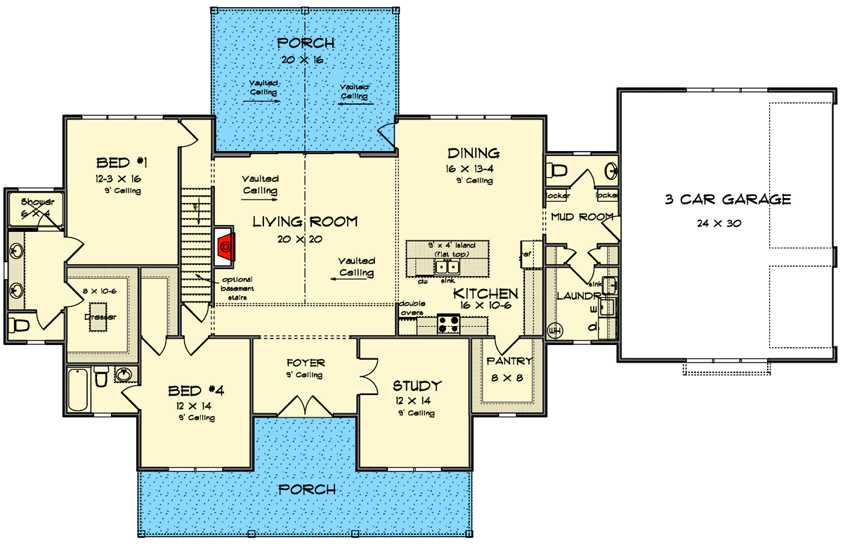 Plan 52325WM: 4-Bed Country Farmhouse Plan with Vaulted Great Room and Covered Porch - Floor Plan - Main Level - Country, Farmhouse, Modern Farmhouse, Traditional