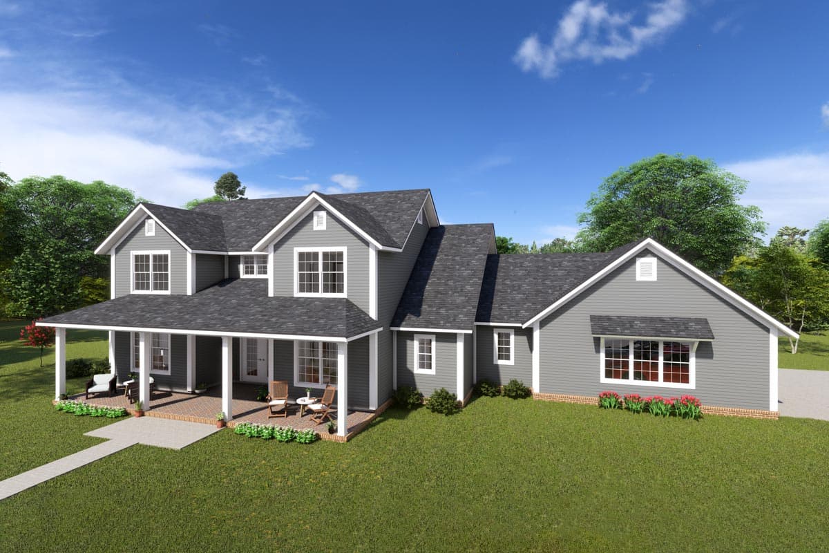 House plan exterior rendering. Two-story farmhouse style with a front porch, gabled rooflines, and dormers.