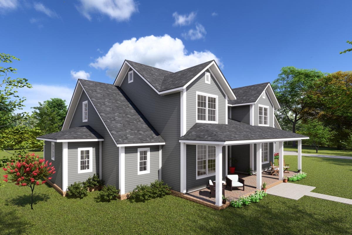 House plan exterior featuring a Modern Farmhouse style with gables, a covered porch, and multiple dormers.