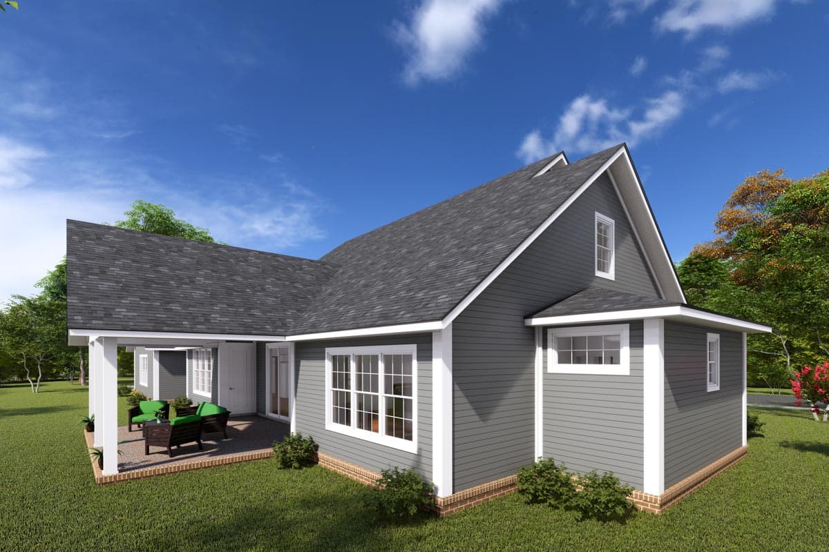 House plan exterior rendering of a one-story home with a covered patio, gabled roof, and multiple windows.