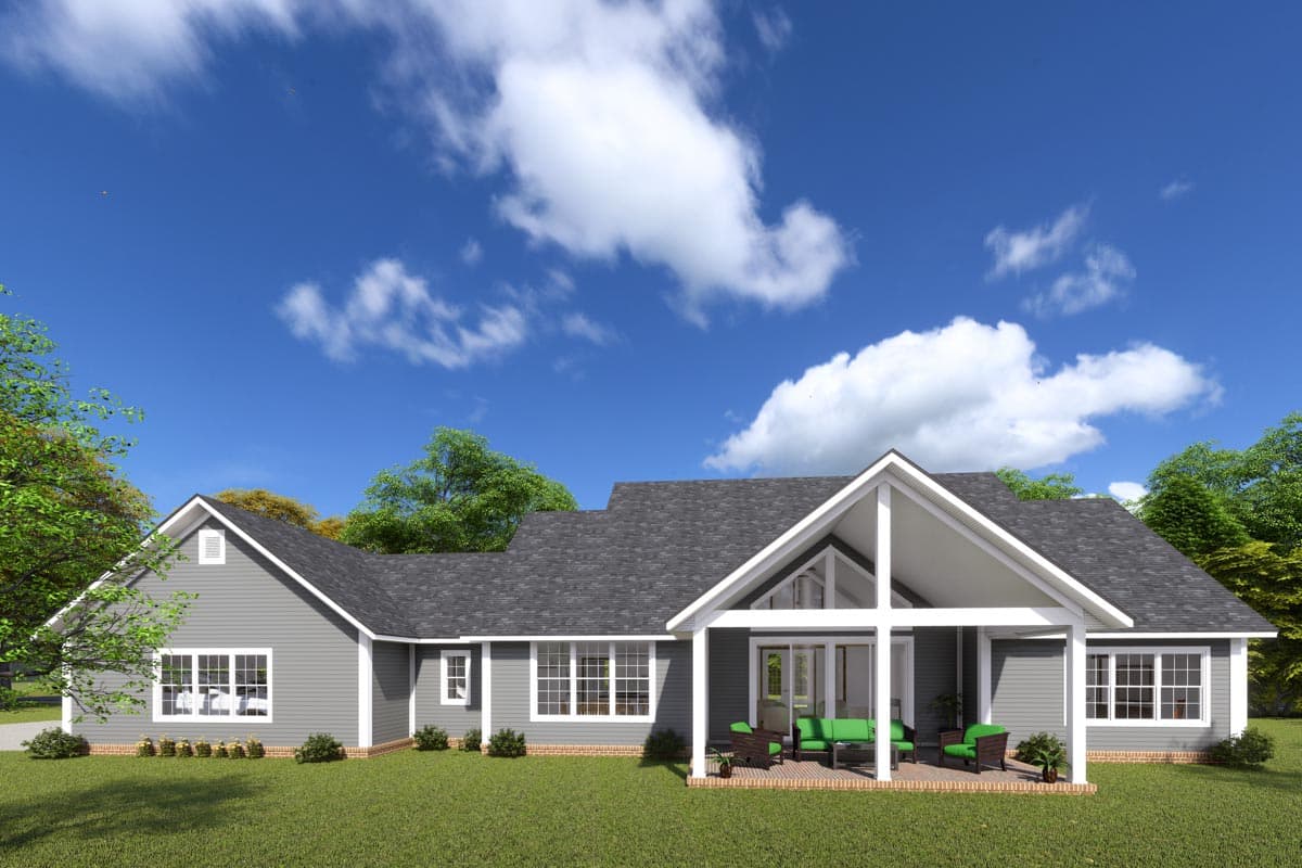 House plan exterior: Ranch style with gabled rooflines, wide windows, and a covered porch with open beams.
