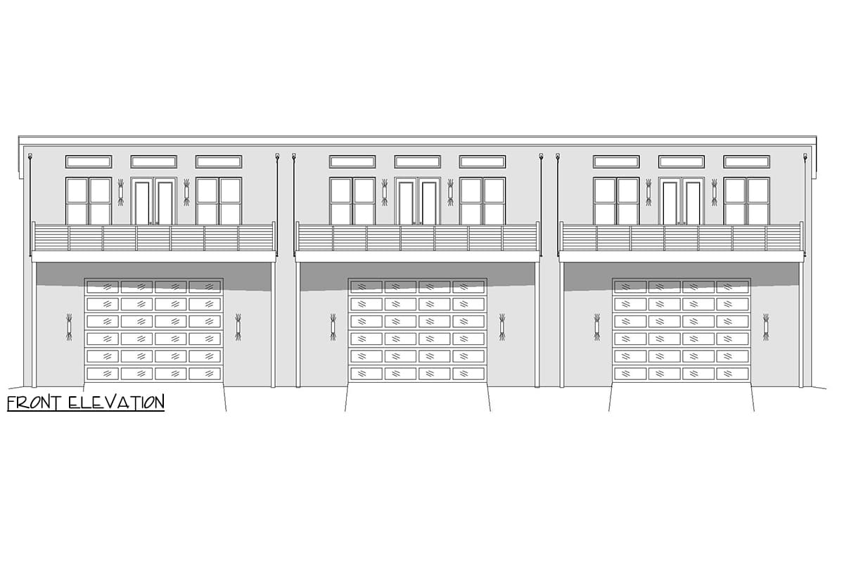 Front elevation drawing of a multi-unit dwelling with three garage bays on the ground floor and balconies above.