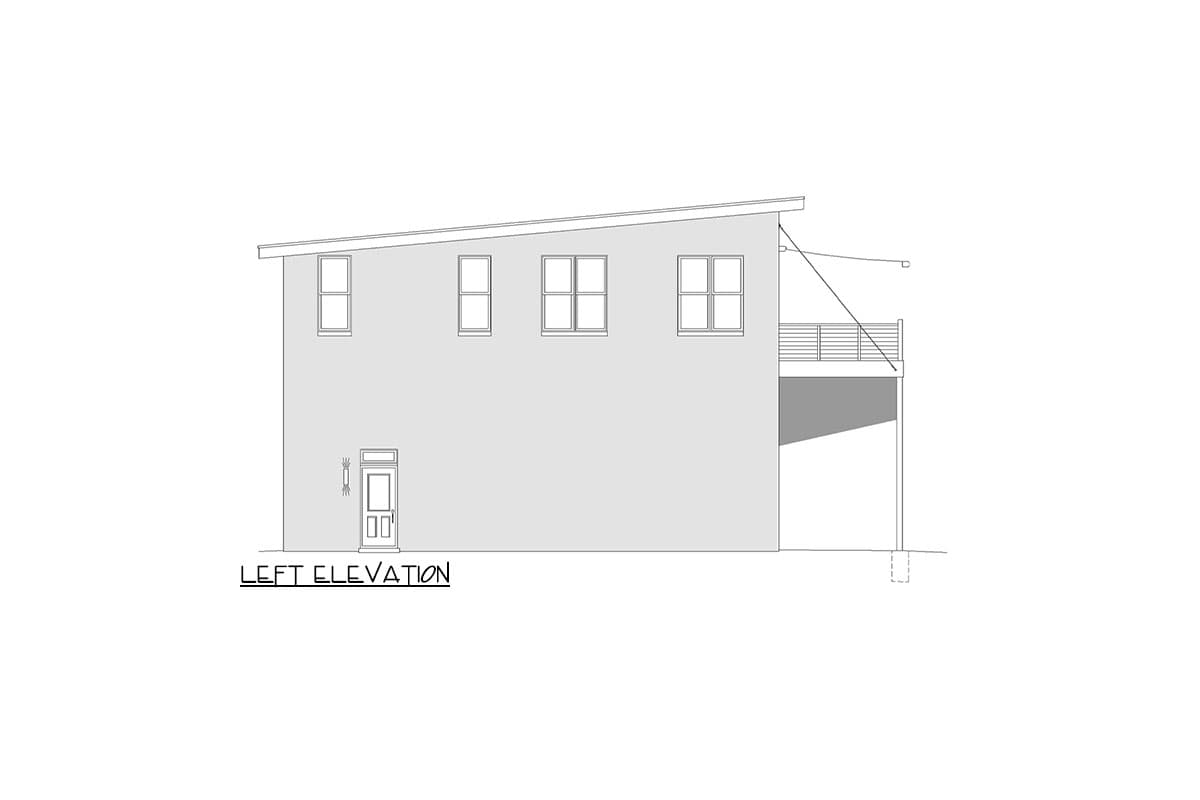 Left elevation of a house plan showing a single door, four windows, a deck, and a sloped roof.