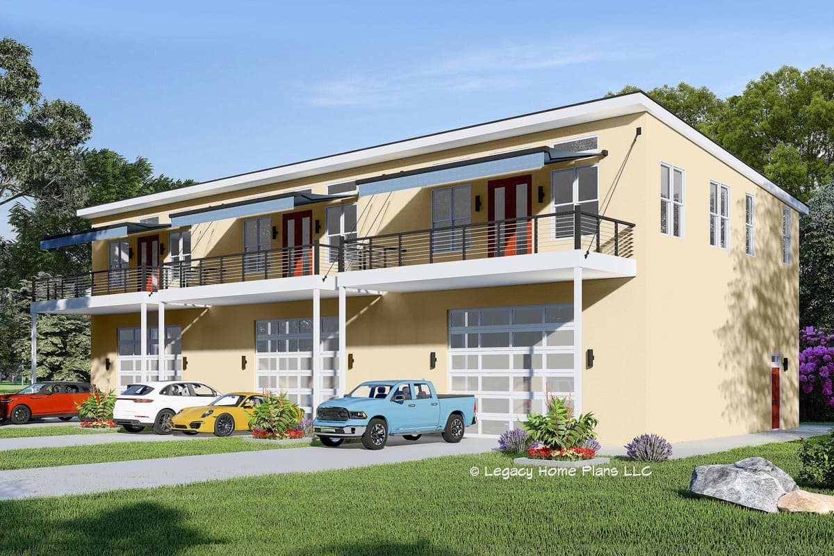 House plan exterior. Two-story building in a modern style with balconies, covered entries, and glass garage doors. Features include a flat roofline.
