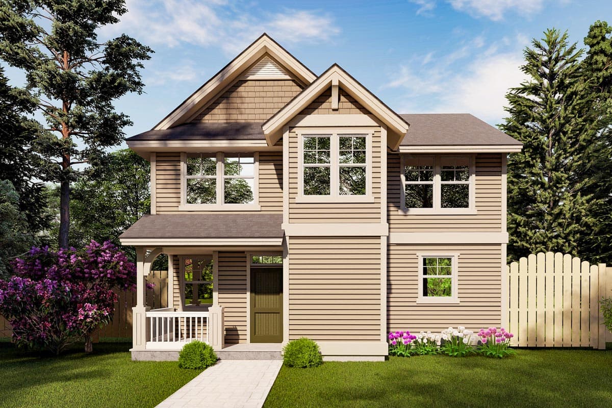 House plan exterior view of a two-story home. Features include a gabled roofline, a front porch, and dormers. Craftsman-style elements are evident.