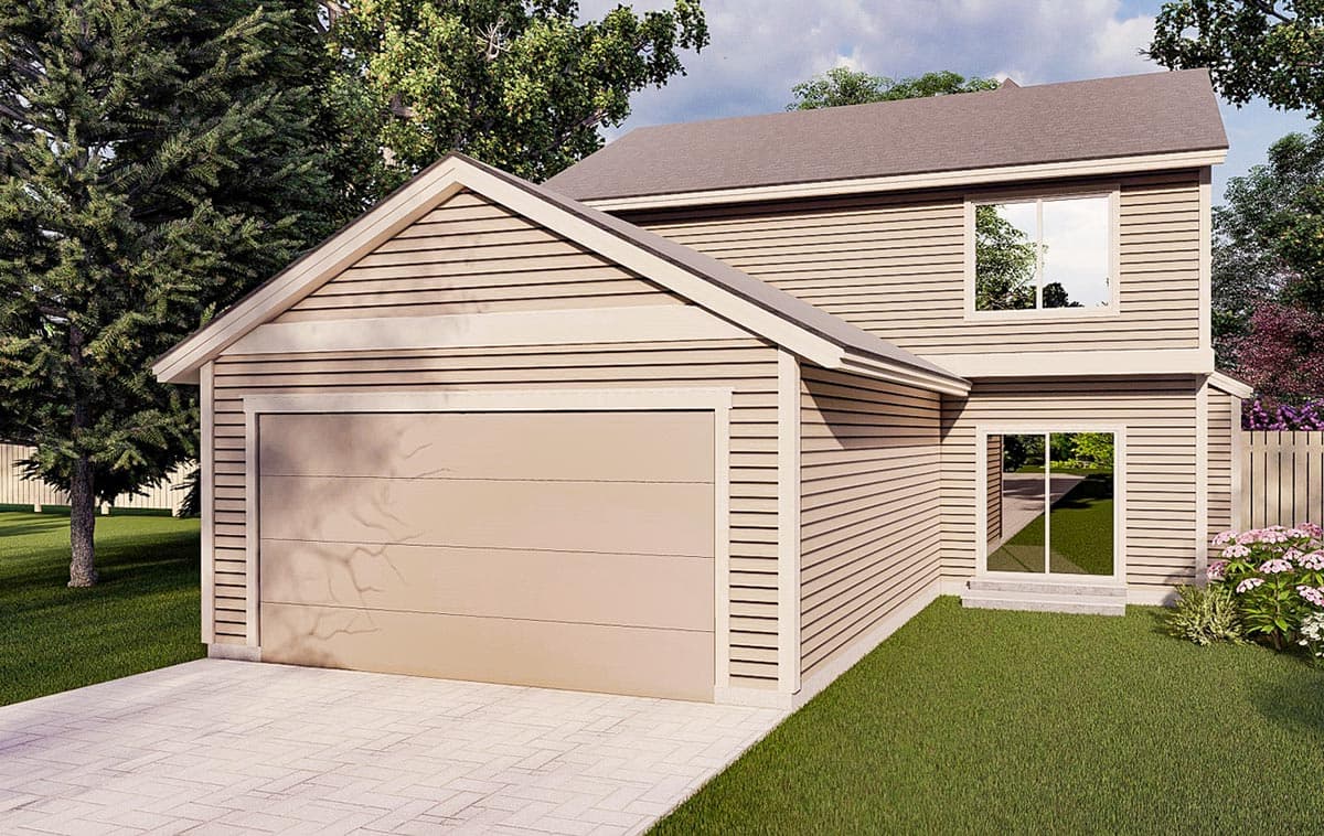 House plan exterior: Two-story design with horizontal siding, a gable-end garage, and a sliding glass door.
