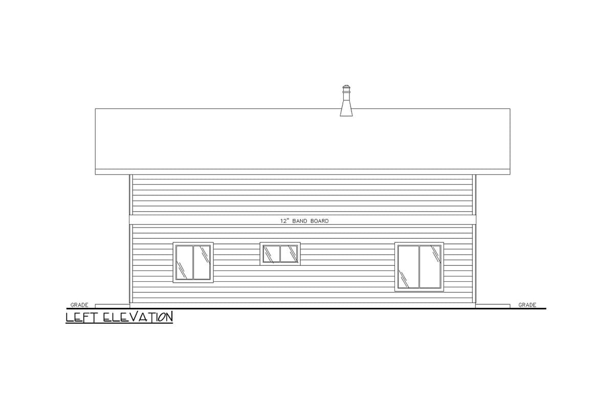 Left elevation of a house plan featuring horizontal siding, a chimney, and three windows.