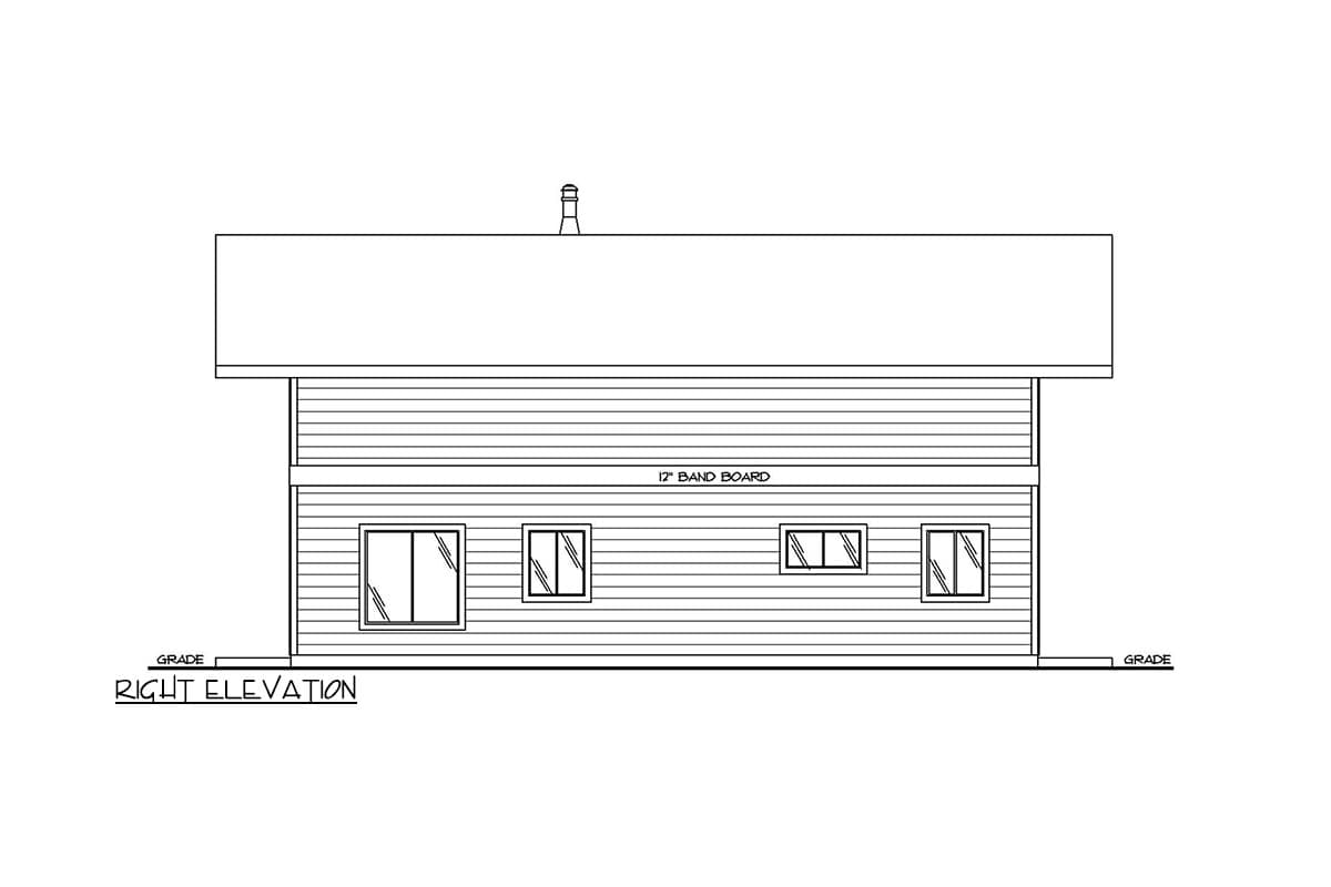Right elevation house plan drawing showing horizontal siding, a 12" band board, and four windows.