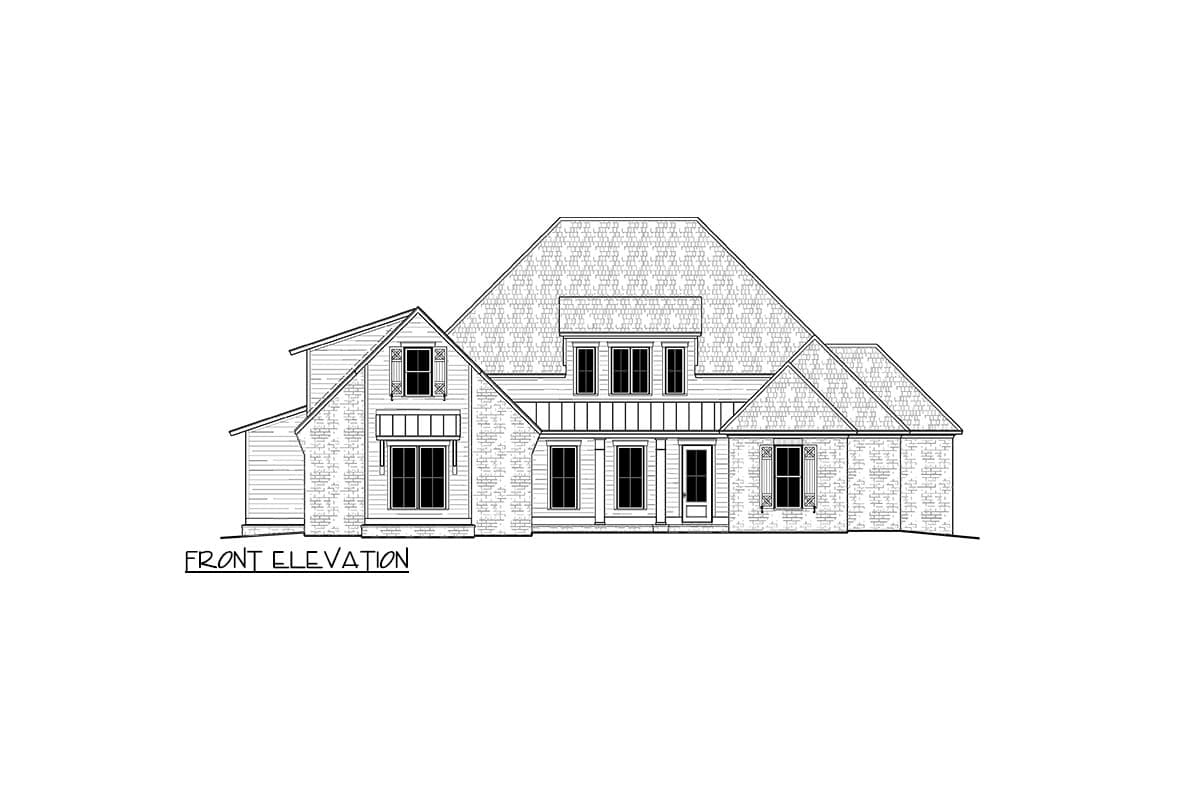 Front elevation house plan shows a two-story home with brick and siding, multiple gables, and a central dormer.