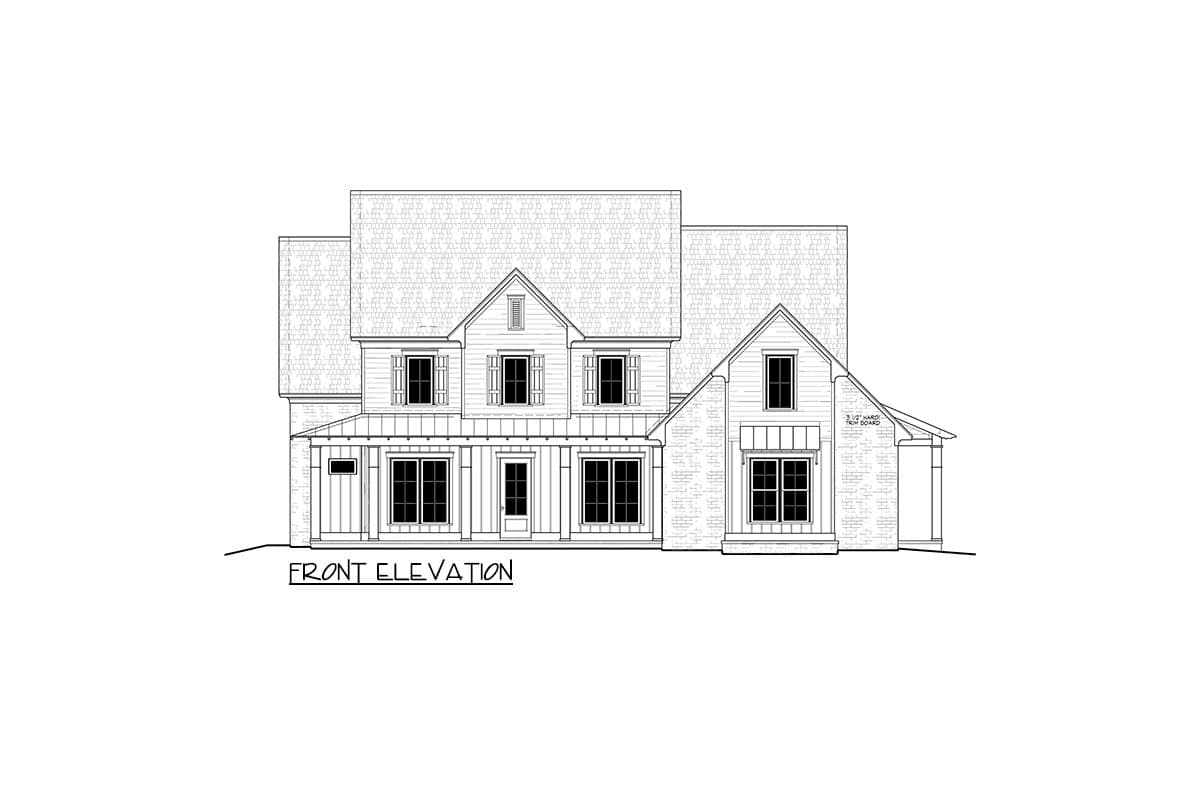 Front elevation drawing of a two-story house with a covered porch, multiple gables, and varied rooflines.