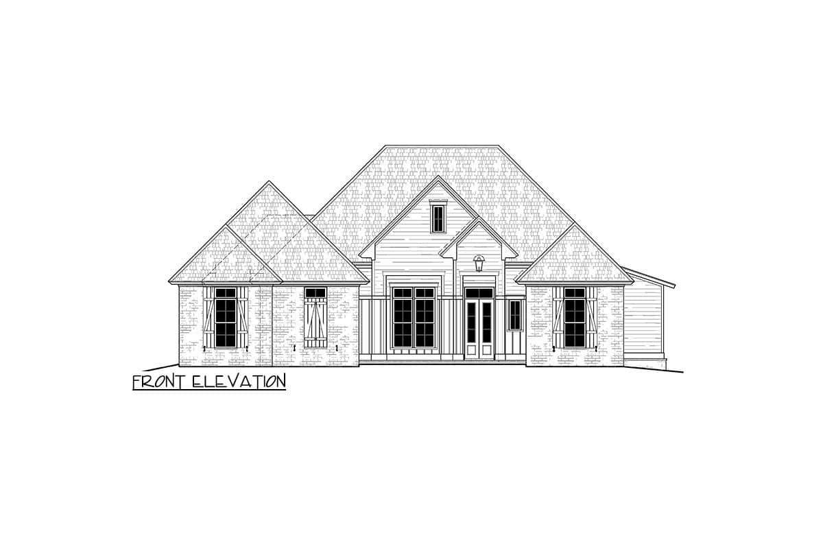 Front elevation drawing of a one-story house with prominent gables, brick and siding exterior, and a covered porch.