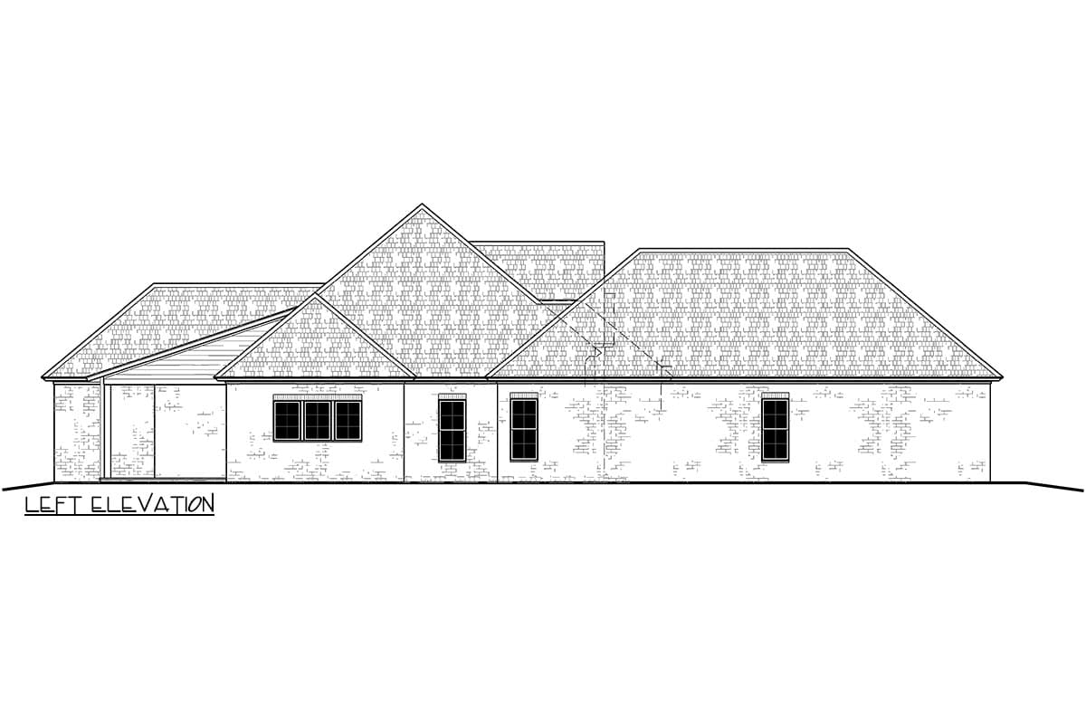 Left elevation drawing of a one-story house with a brick exterior, multiple gables, and several windows.