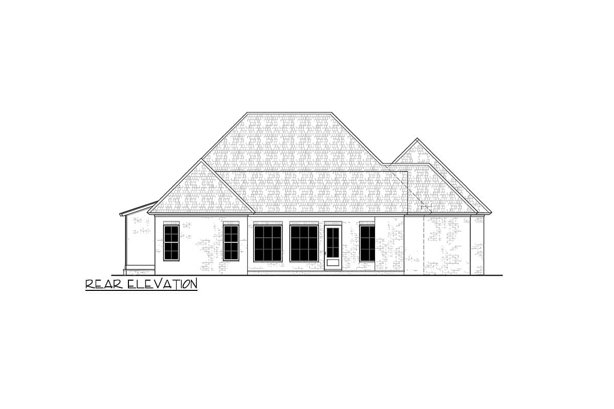 Rear elevation house plan drawing showing multiple windows, a door, and varied rooflines.