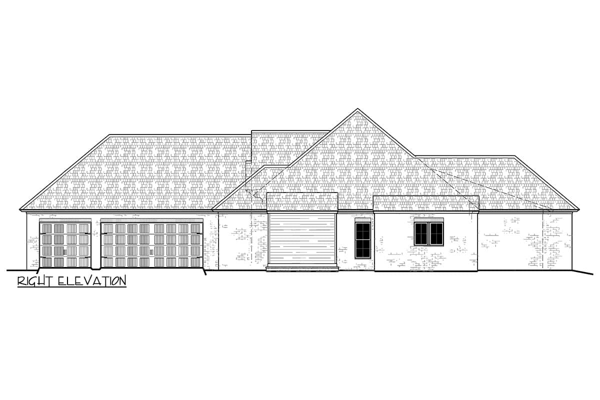 House plan right elevation shows a one-story home with a three-car garage, hip roof, and brick exterior.