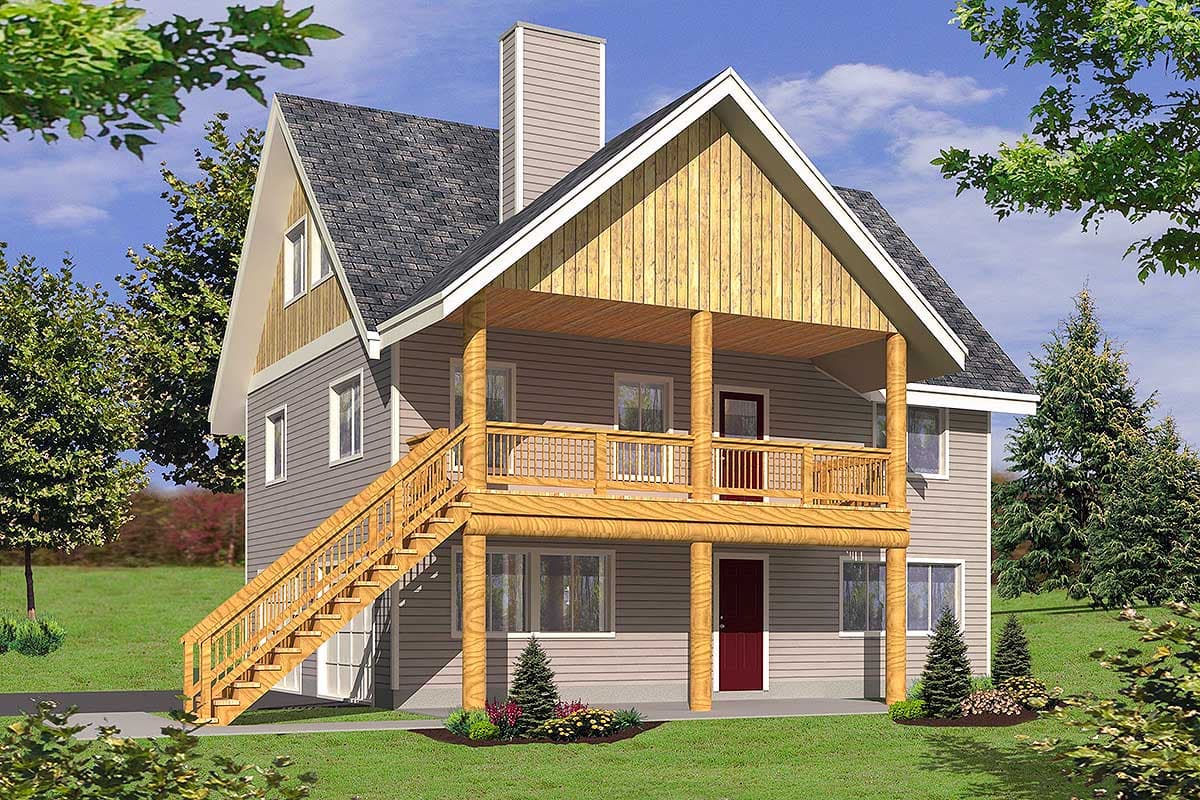 House plan exterior: Two-story home with a prominent A-frame gable, covered porch with wooden railing, and an exterior staircase.
