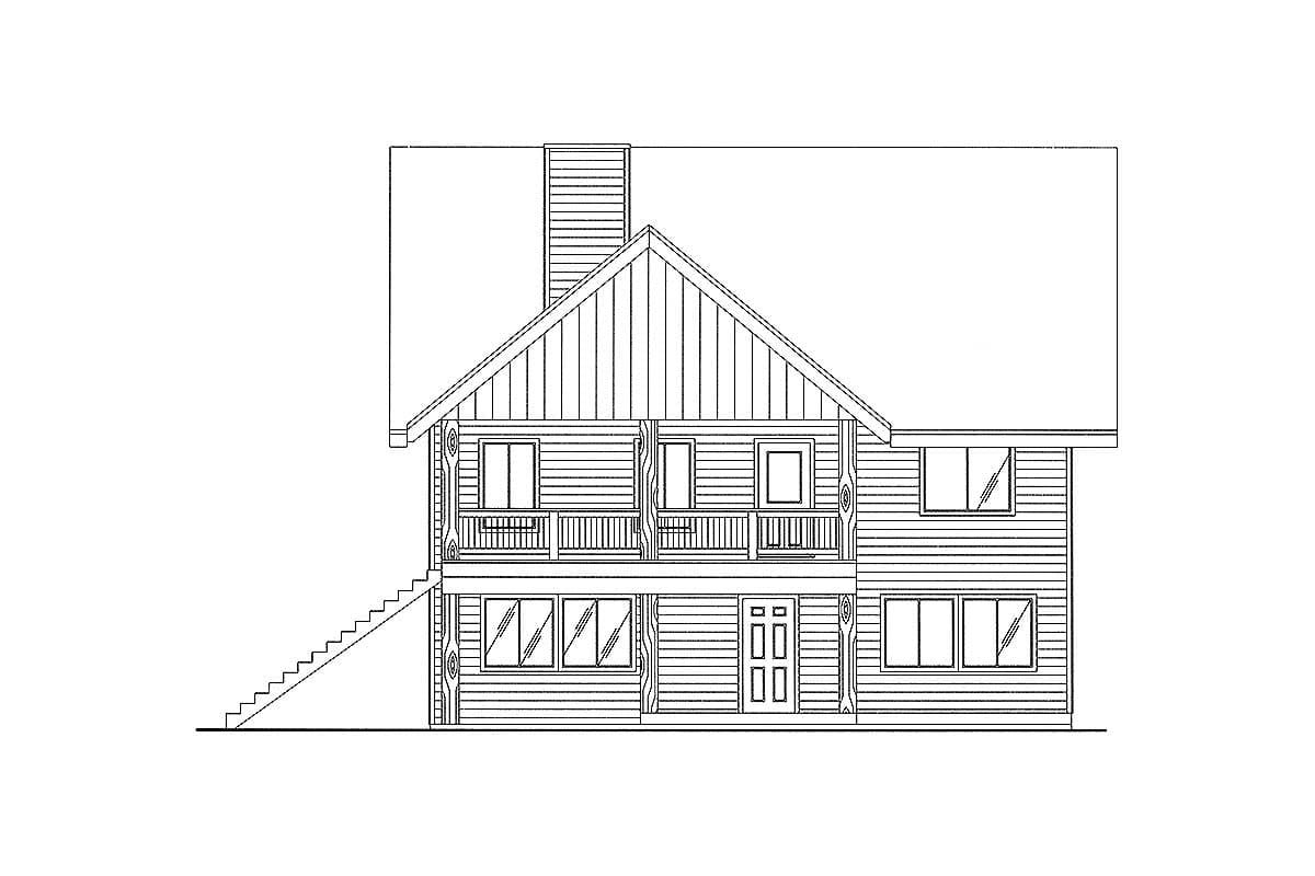 House plan exterior drawing: two-story home with a prominent gable, central chimney, and a full-width upper deck.
