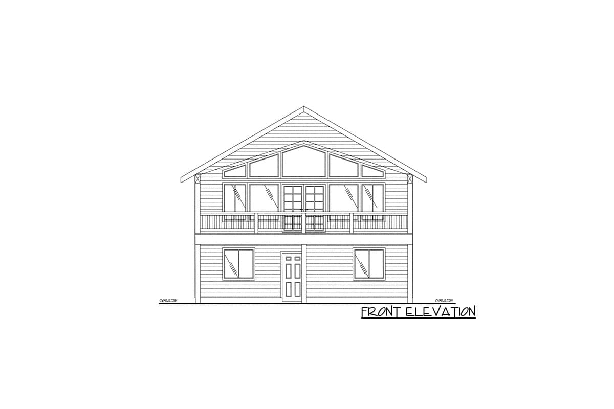 Front elevation drawing of a two-story house plan with a gabled roof, upper-level deck, and a series of windows.