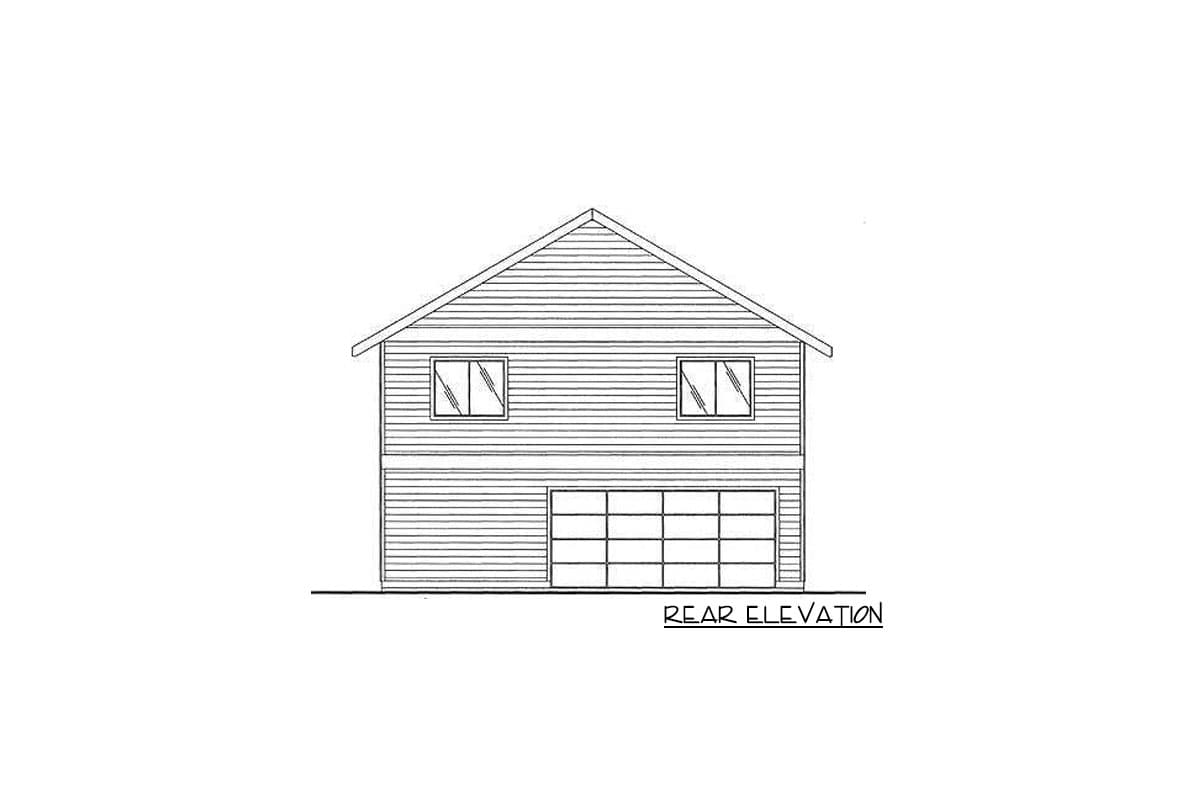 Rear elevation drawing of a two-story house plan with a gable roof, two upper windows, and a two-car garage door.