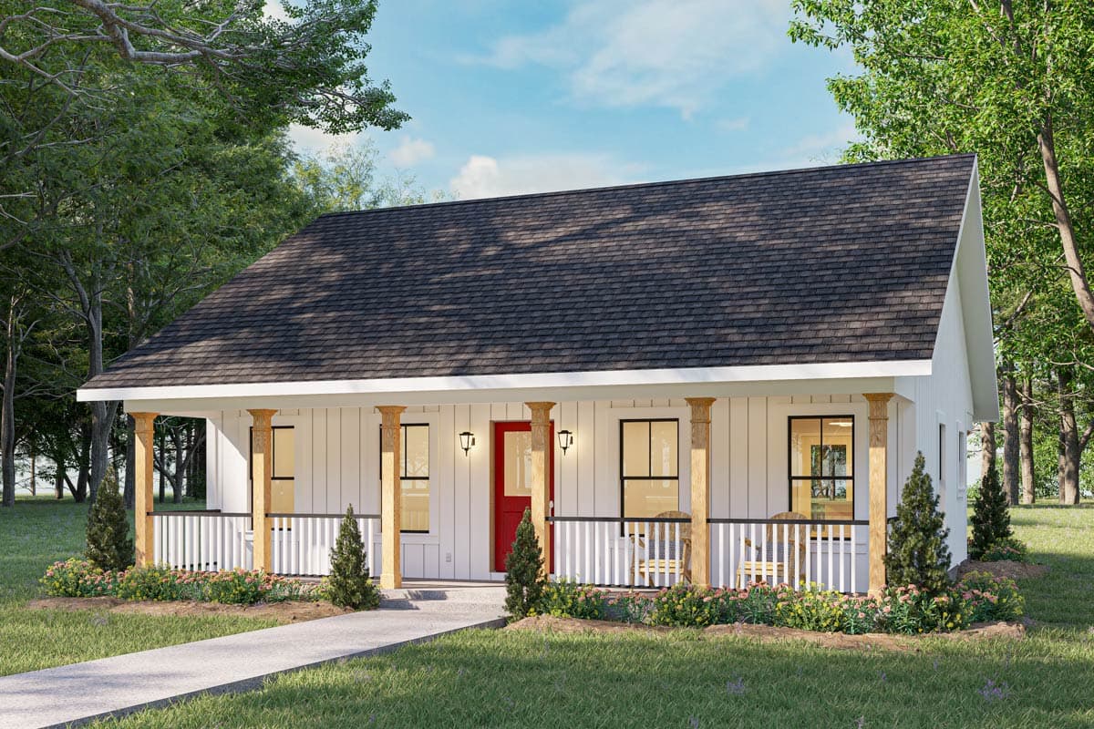 House plan exterior with Craftsman style. Features include a front porch with pillars, gabled roof, and a red front door.
