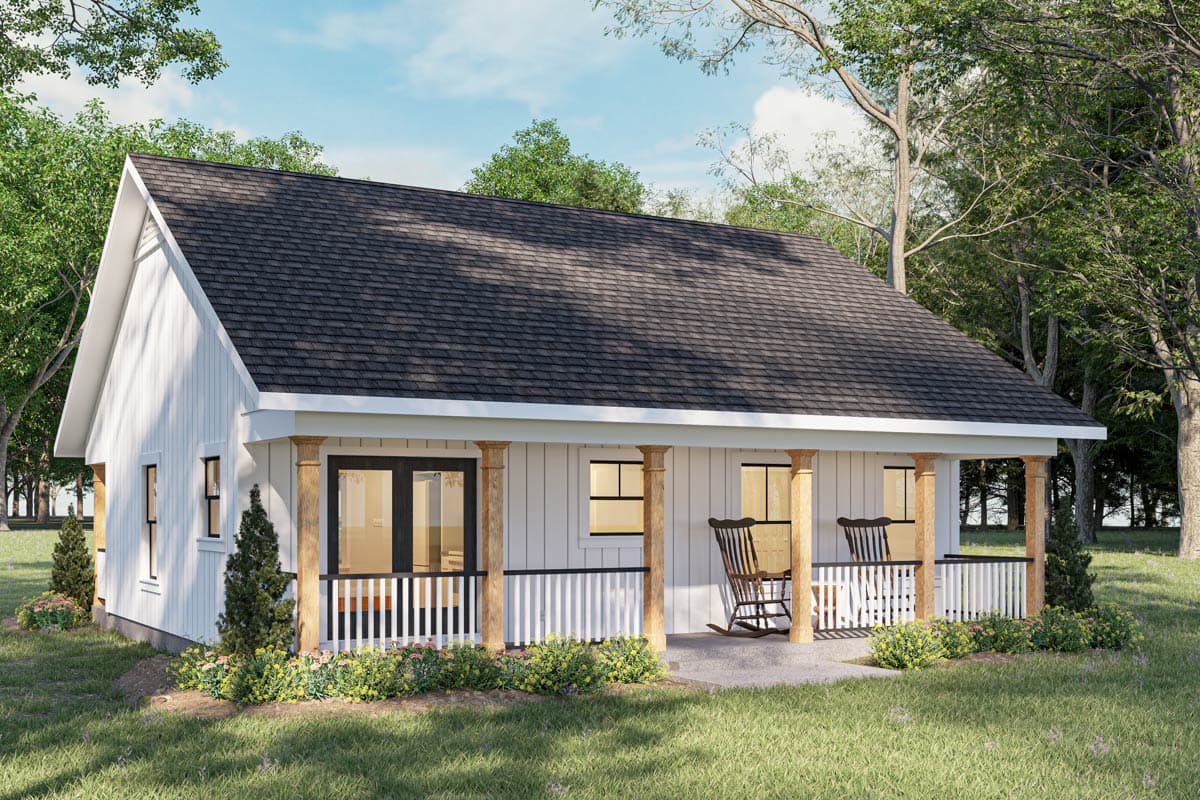 House plan exterior: Modern Farmhouse style, one story, with a wrap-around porch, gabled roof, and board and batten siding.