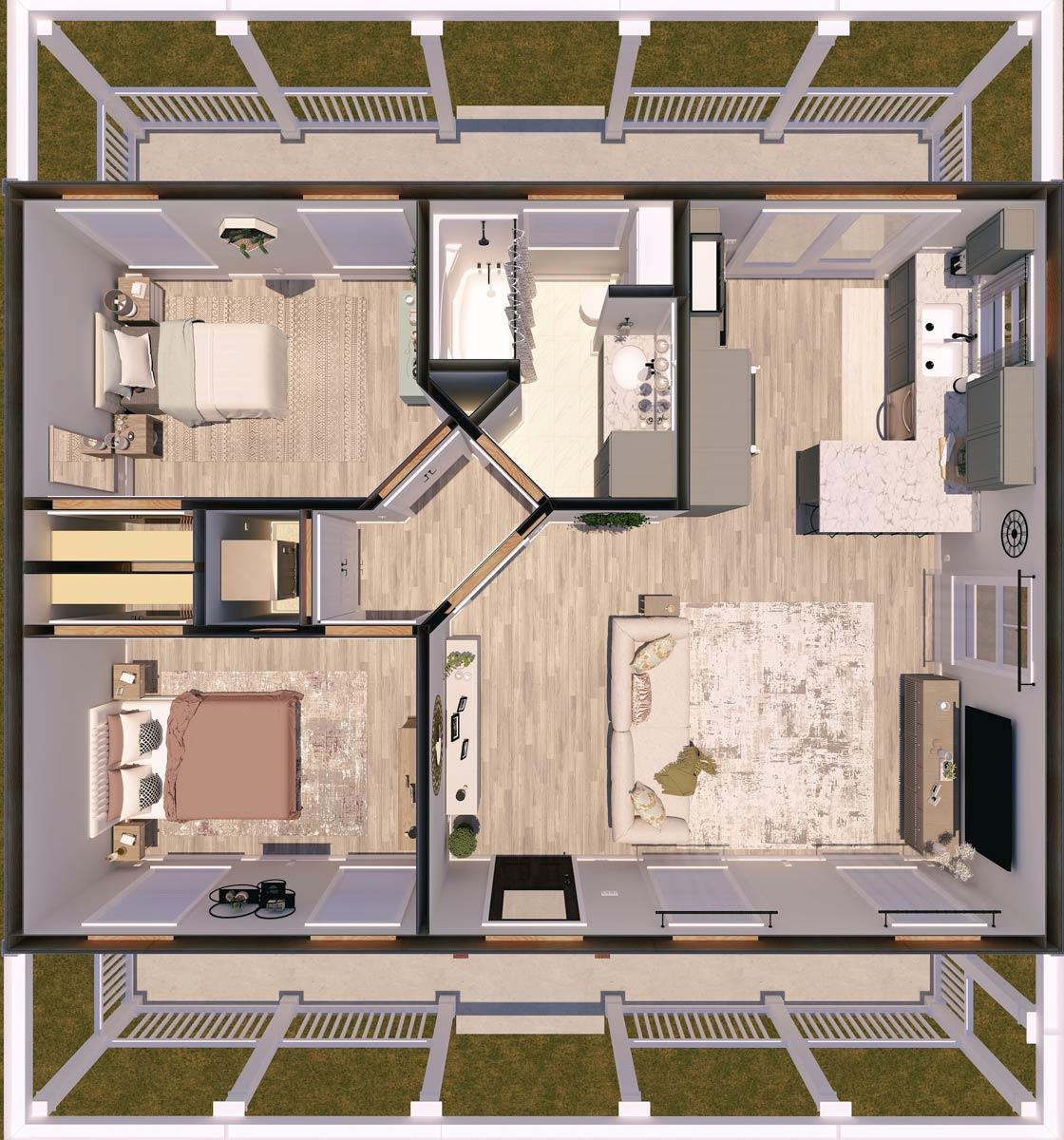 Plan 25037DH: 792 Square Foot Small House Plan with 2 Bedrooms and 6-Foot-Deep Porches - Image #10 - Cottage, Country, Southern, Southern Traditional, Traditional