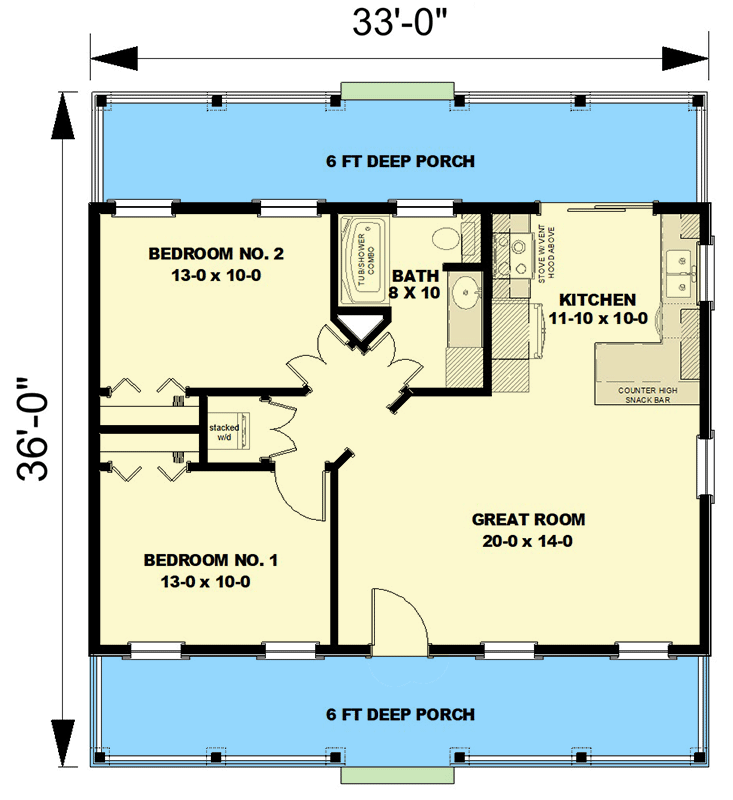 Plan 25037DH: 792 Square Foot Small House Plan with 2 Bedrooms and 6-Foot-Deep Porches - Floor Plan - Main Level - Cottage, Country, Southern, Southern Traditional, Traditional