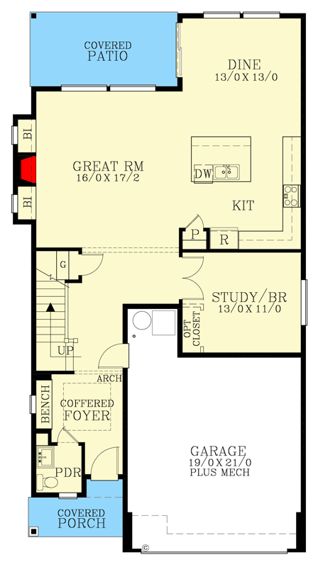 Plan 28105J: 30-Foot-Wide House Plan with Flex and Bonus Rooms - Floor Plan - Main Level - New American, Northwest, Traditional