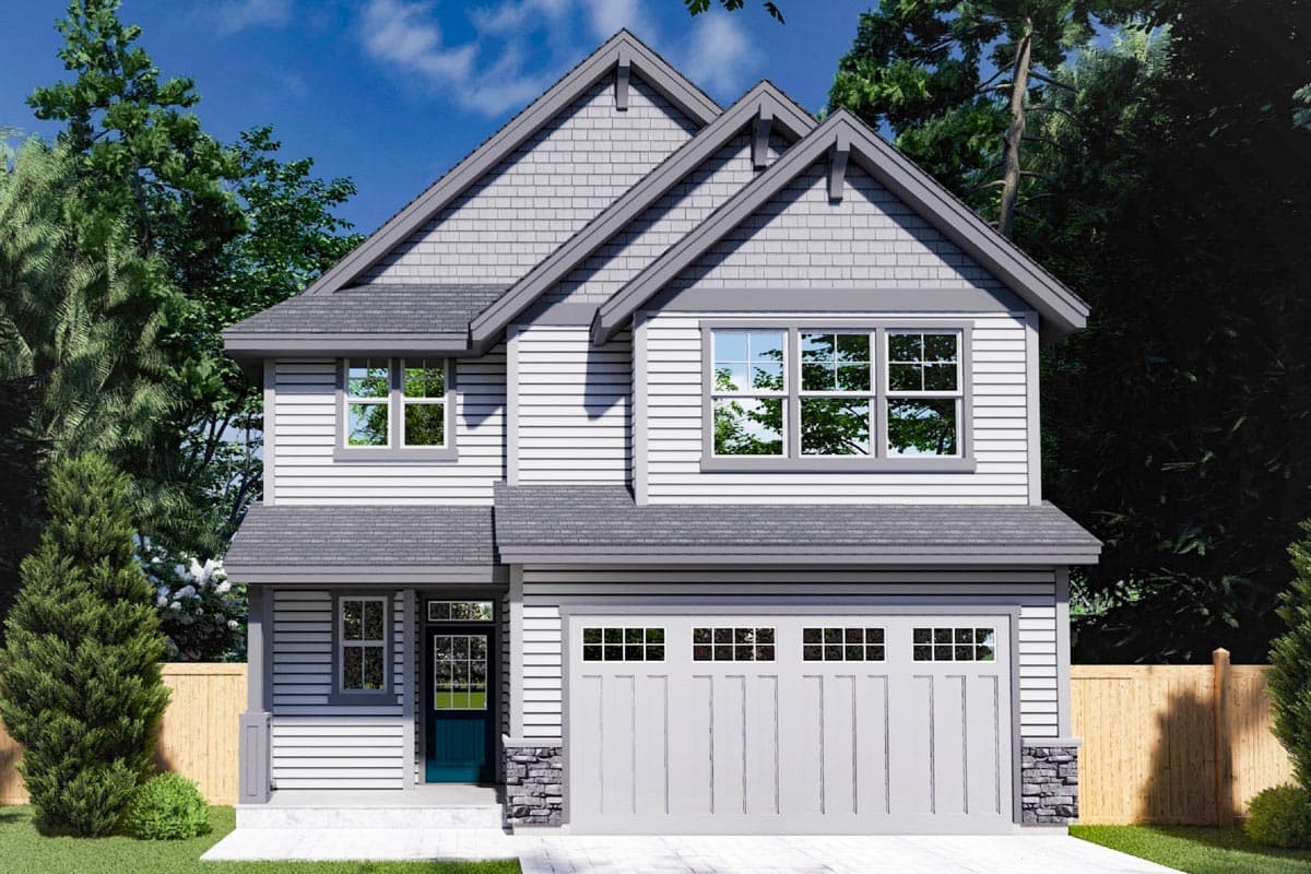 House plan exterior rendering of a two-story home. Features include a gabled roofline, shingle siding, a front-facing garage, and a covered porch.
