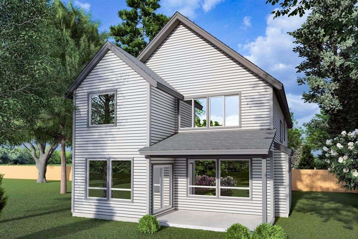 House plan exterior for a two-story modern home featuring horizontal siding, gabled rooflines, and a covered entry.