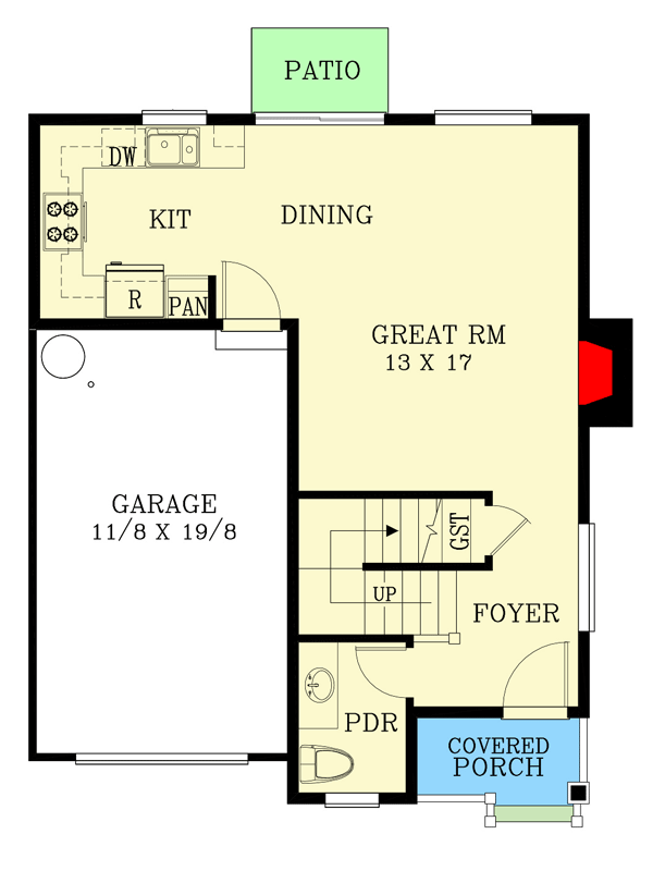 Plan 28106J: 3 Bed 1254 Square Foot 2-Story Craftsman Home Plan - Floor Plan - Main Level - New American, Northwest, Traditional