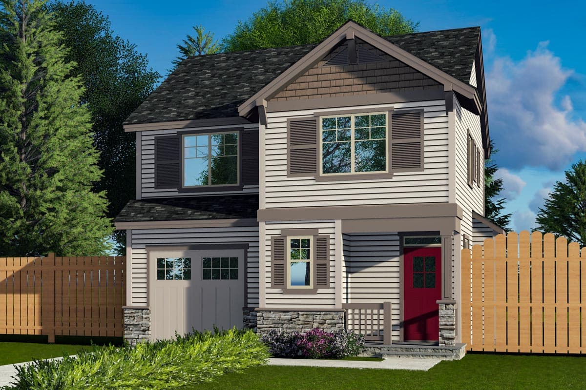 Two-story house plan exterior featuring a Craftsman style, gable roof, front porch, and garage. The facade has vertical siding and window shutters.