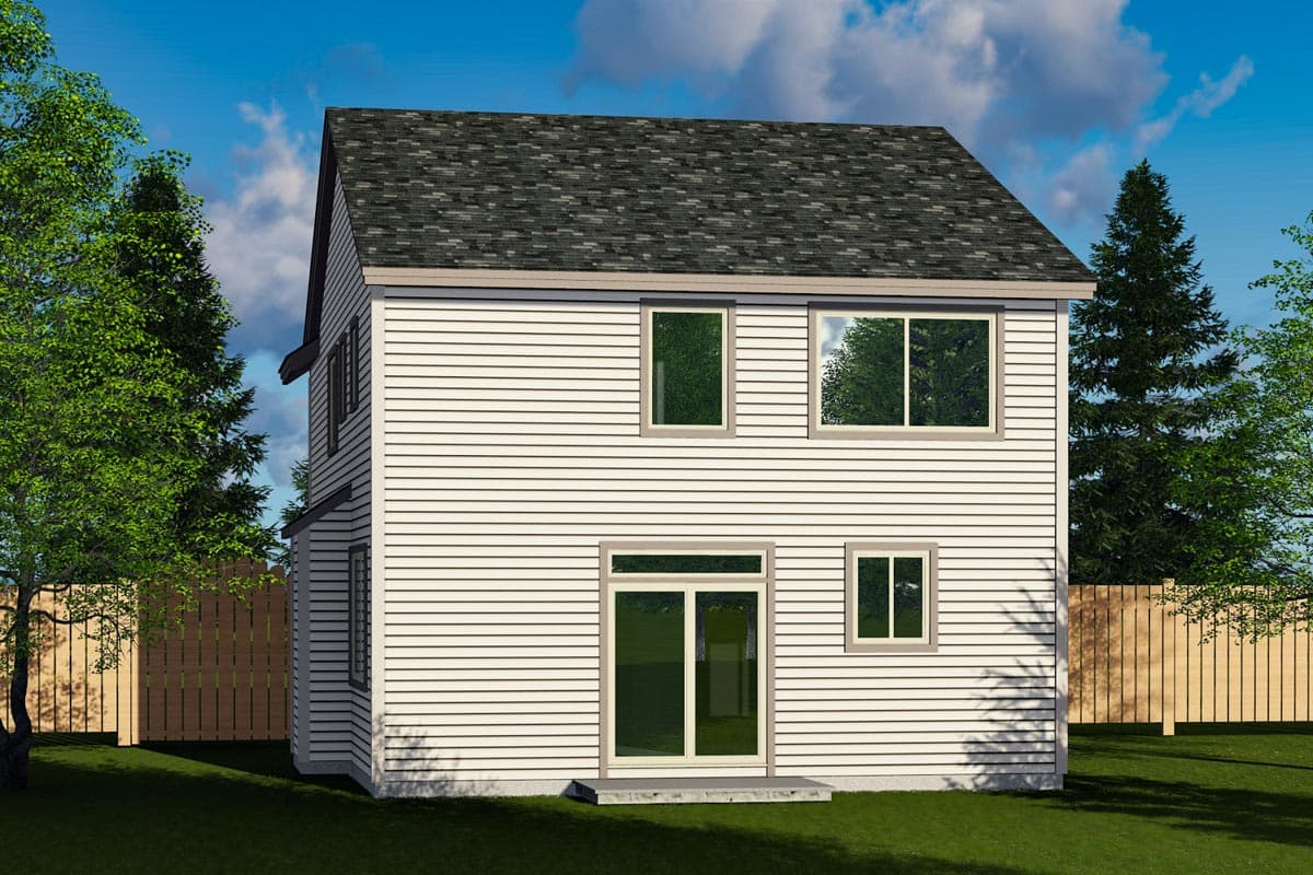 Two-story house plan exterior with horizontal siding, pitched roof, and two upper windows and one sliding door below.