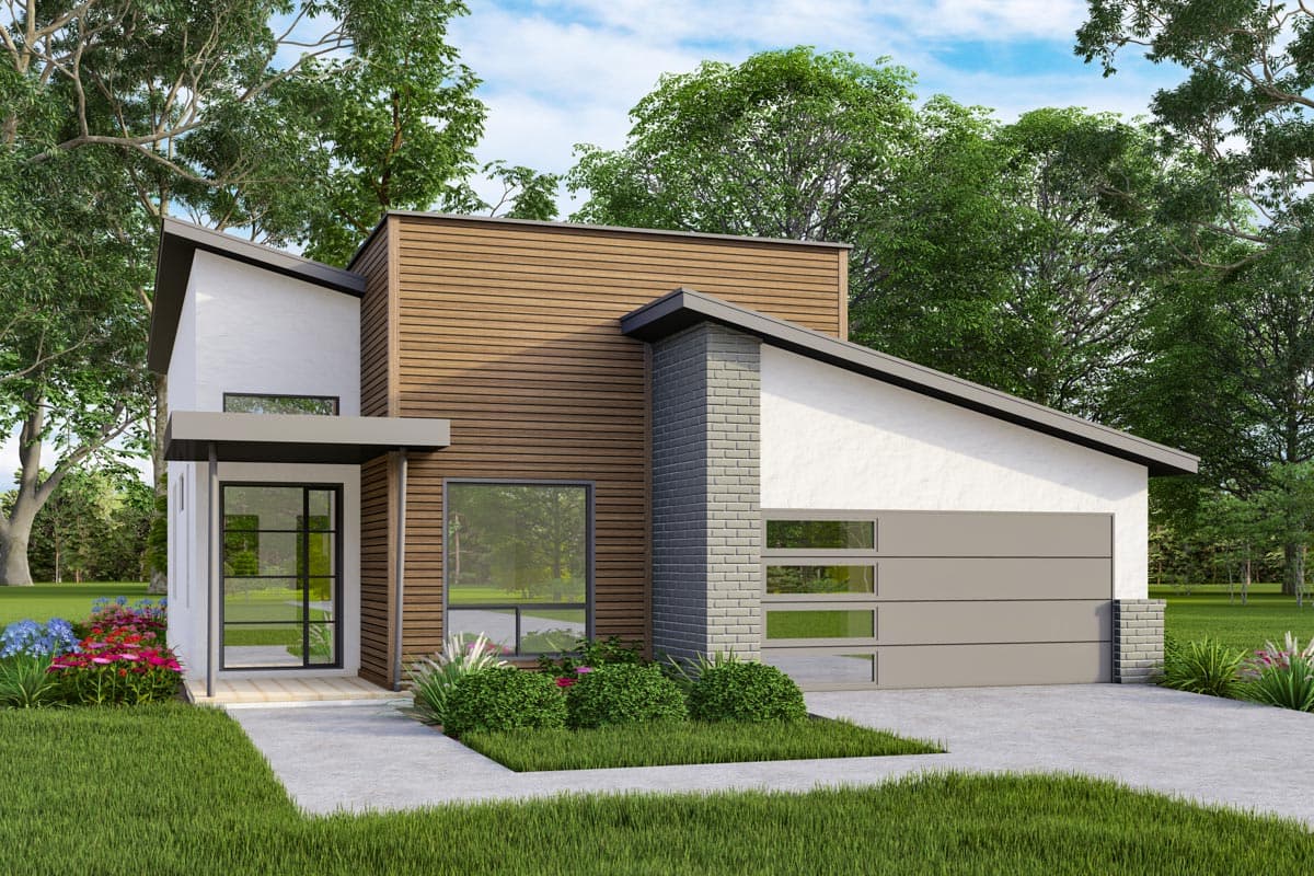 House plan exterior. Modern style with one story. Features include asymmetrical rooflines, a covered entry, and a two-car garage.