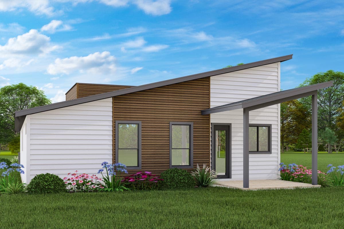 Modern house plan exterior with a shed roof, horizontal wood siding accents, and a covered porch.