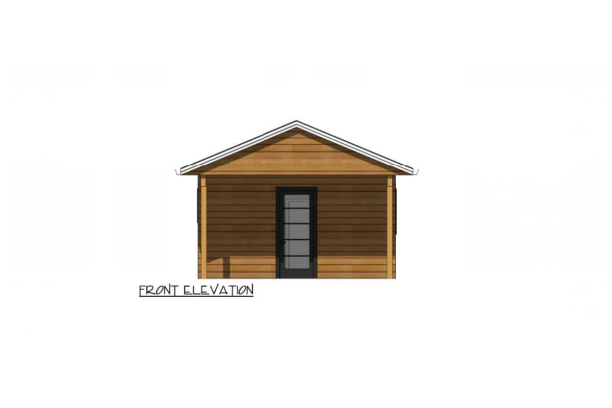 Front elevation of a one-story house plan with horizontal wood siding, a gable roof, and a central door.