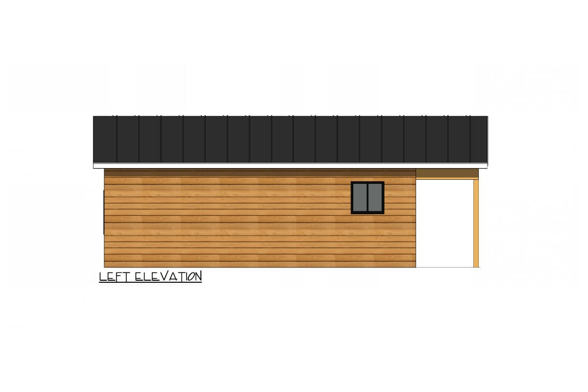 Left elevation drawing of a single-story house with horizontal wood siding, a dark metal roof, a small window, and an open doorway.