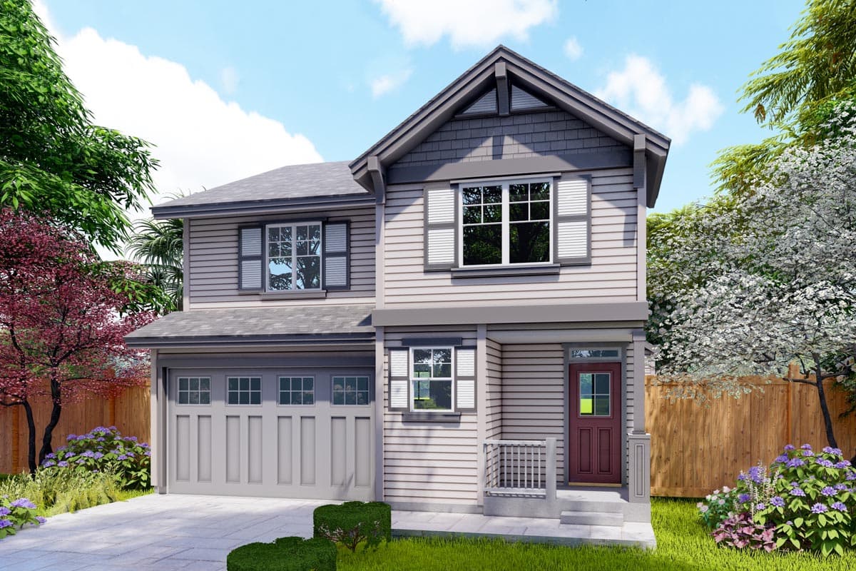 House plan exterior. Two-story home with Craftsman style elements. Features include gabled roof, shutters, and a front-facing garage.