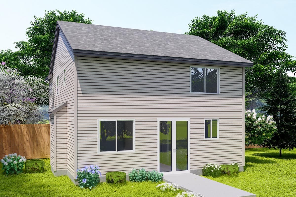 Two-story house plan exterior with horizontal siding, gable roof, and double doors.