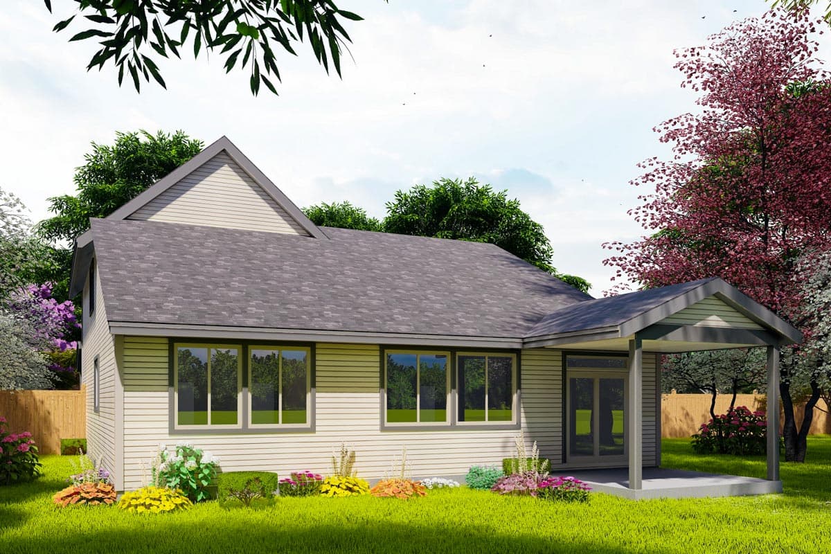 House plan exterior: Ranch style, one story, with a gable dormer, horizontal siding, and a covered entry porch.