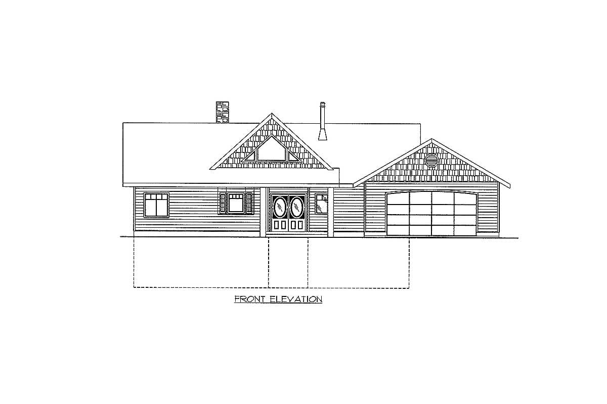 Front elevation drawing of a one-story house plan with a prominent gable, double entry doors, and an attached two-car garage.
