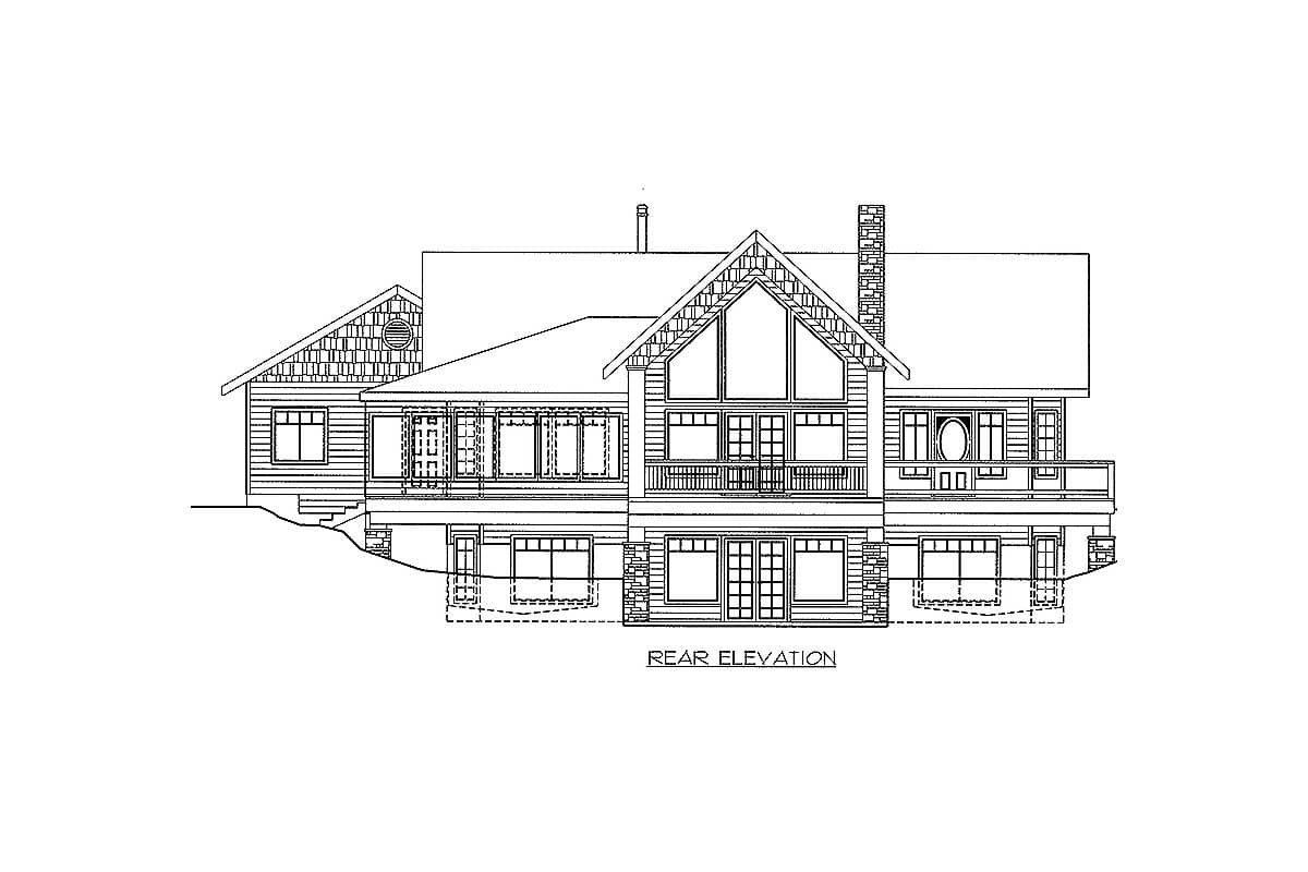 Rear elevation drawing of a house plan featuring multiple gables, a prominent chimney, and a covered porch with large windows.