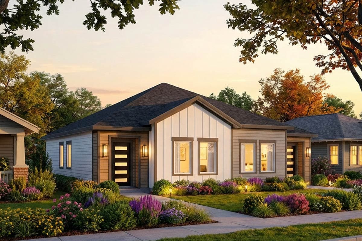 Modern ranch house plan exterior with a prominent gable, mixed siding, and a cantilevered front entry with horizontal glass panels.