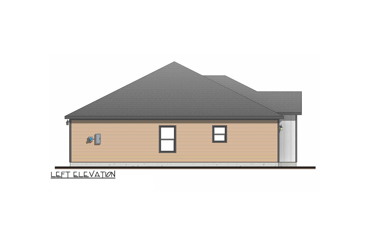 Left elevation drawing of a one-story house plan with vinyl siding, two windows, and a simple roofline.